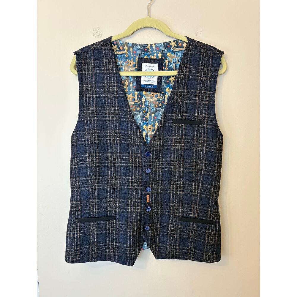 A Fish Named Fred Blue Wool Plaid Waistcoat Vest Men's Size 40